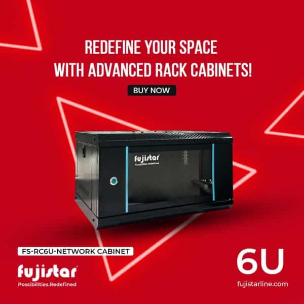 كابينة شبكات مقاس 6U من Fuji Star، مصنوعة من هيكل معدني قوي، مثالية لتنظيم وحماية أجهزة الشبكة والمراقبة