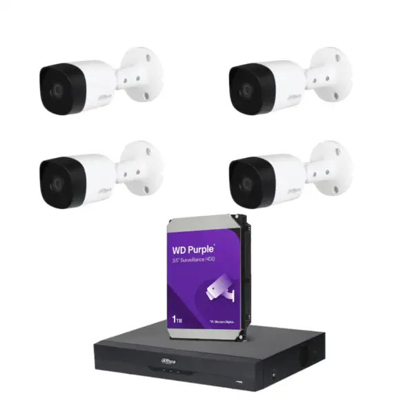 باقة مراقبة داهوا – 4 كاميرات خارجية بدقة 2 ميجا بيكسل مع جهاز تسجيل